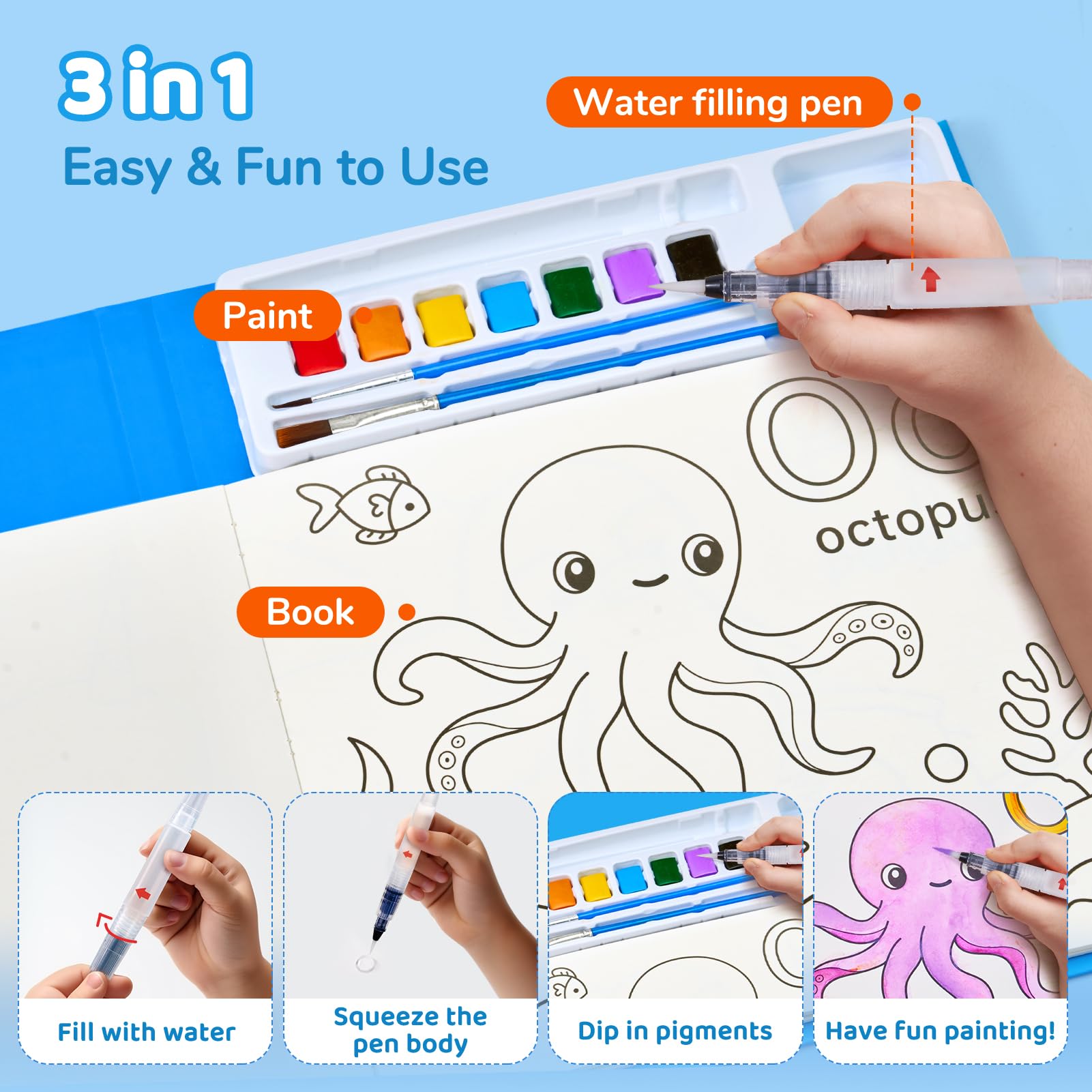 JoyCat album da colorare per bambini, set di pittura ad acquerello per bambini dai 3-5 ai 4-8 anni,attività di disegno artistico e artigianale, regalo di compleanno per ragazzi e ragazze(Blue)