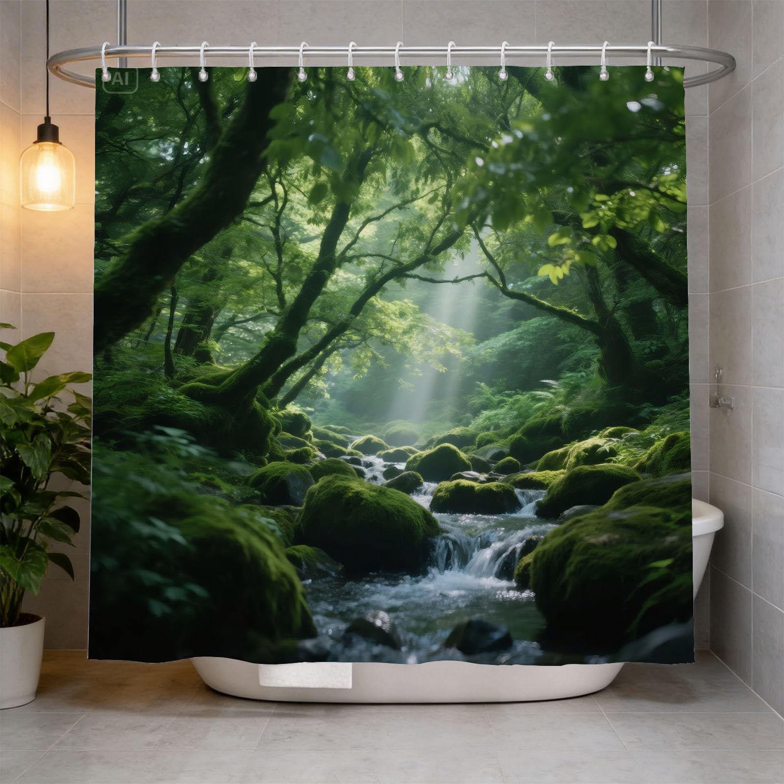 Hongduo 3D Stream Shower Curtain for Stalls Bathtubs Natural Bathroom Decor Shower Curtain Set Polyester Fabric Waterproof 200x200cm/79X79 Inch with Hooks