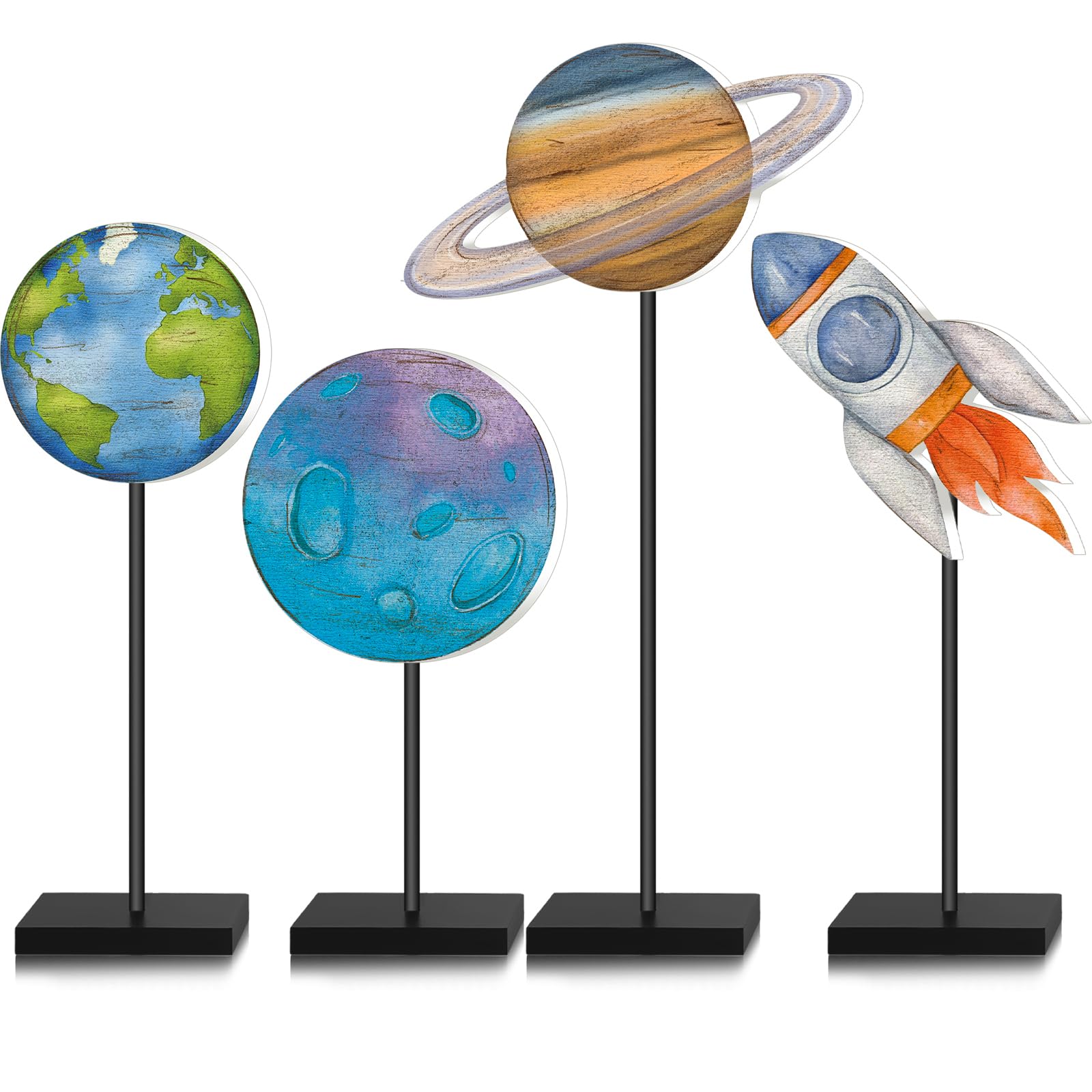 Yinkin 4 Pcs Space Centerpieces for Tables Outer Space Party Decorations Wooden Standing Rustic Planets Earth Block for Solar System Birthday Decorations Themed Party Supplies Tiered Tray Decor