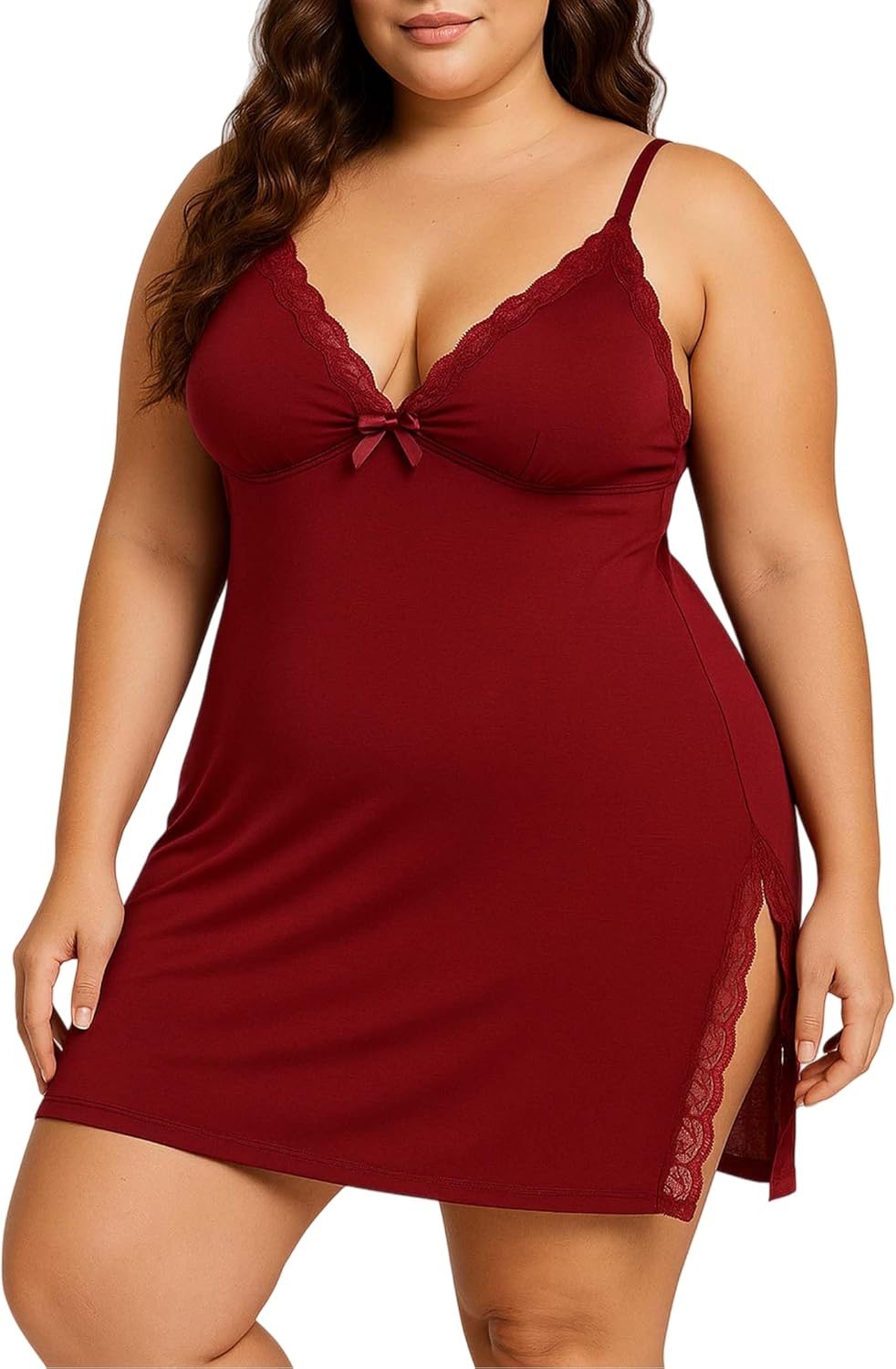 Eirisly Plus Size Lingerie for Women Lace Modal Chemise Nightgown Full Slip Babydoll Sleepwear Sexy High Side Slit Nightgown