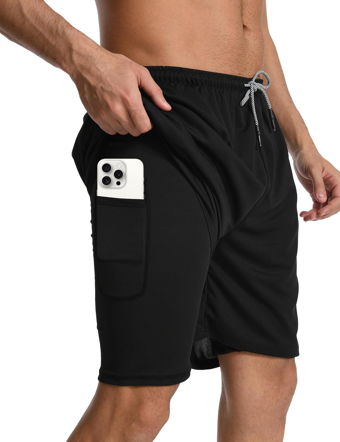 Mens 2 in 1 Workout Running Shorts Gym Quick Dry Shorts Athletic Training Liner Ligheweight with Zipper Pocket
