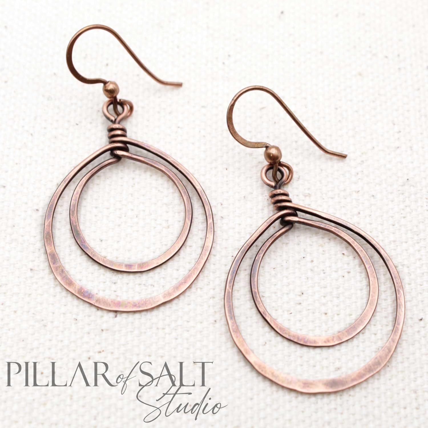 Pillar of Salt Studio Handcrafted Earrings Solid Copper Double Hoop Wire Wrapped Earrings (Antiqued Copper, 1-1/2" drop)