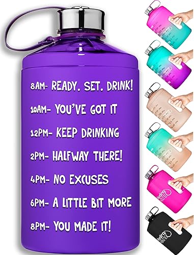 HydroMATE - Botella de agua con frases motivadoras, de 64 onzas, con marcas de tiempo, sin BPA, botella reutilizable con asa, a prueba de fugas, con