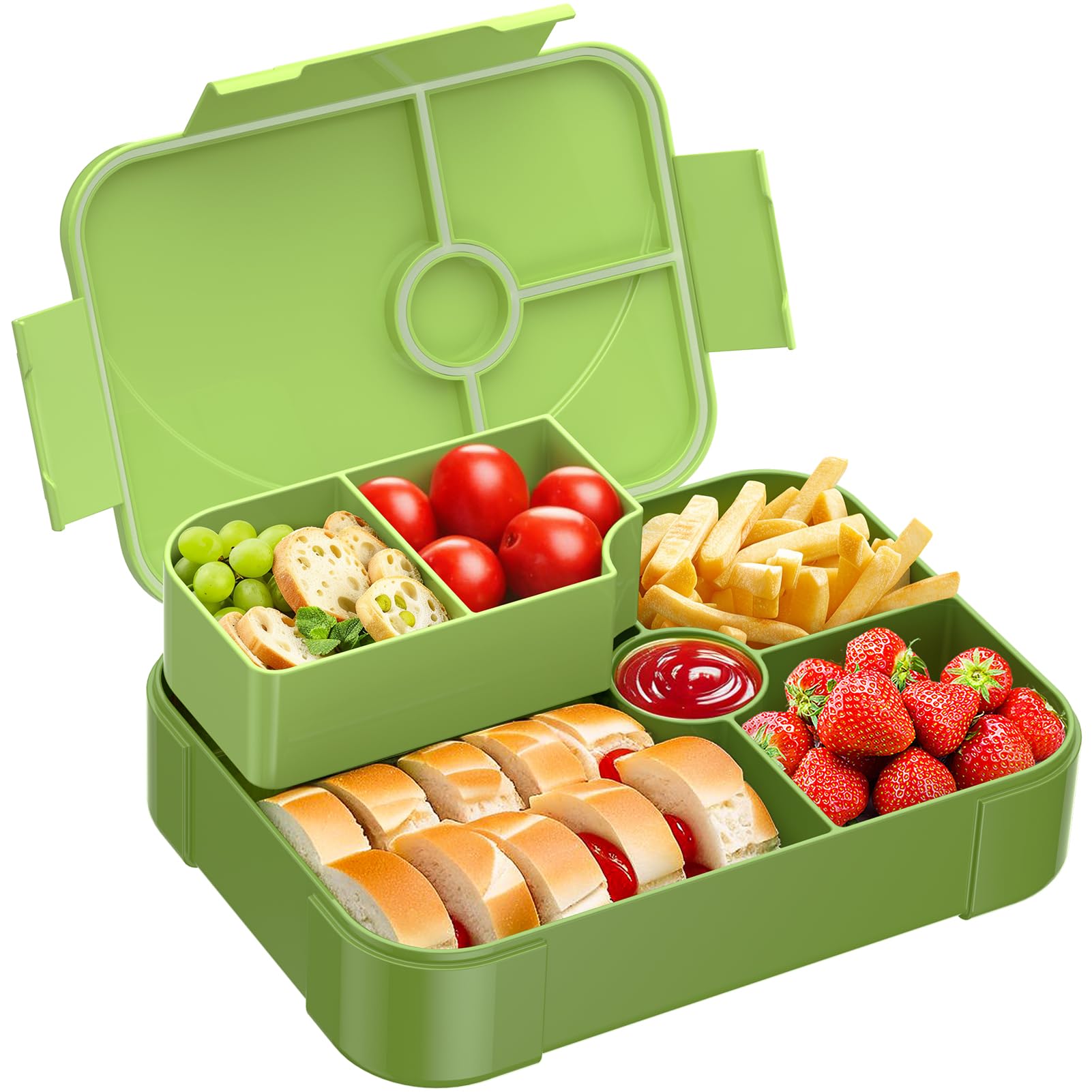 HOMETALL Kids Bento Box Lunch Box - Leakproof Bento Boxes 6 Compartments Portions Lunchbox for Kids Ages 3 to 7 Back to School, BPA-Free Snack Packing Containers Reusable On-the-Go Meal Prep, Green