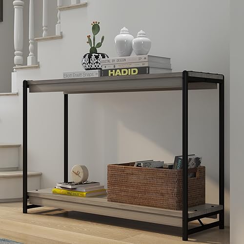 Miniatura 3 de OMTech Mesa consola con almacenamiento, mesa de entrada de granja, mesa de sofá pequeña de 2 niveles, mesa de pasillo para sala de estar, sofá,