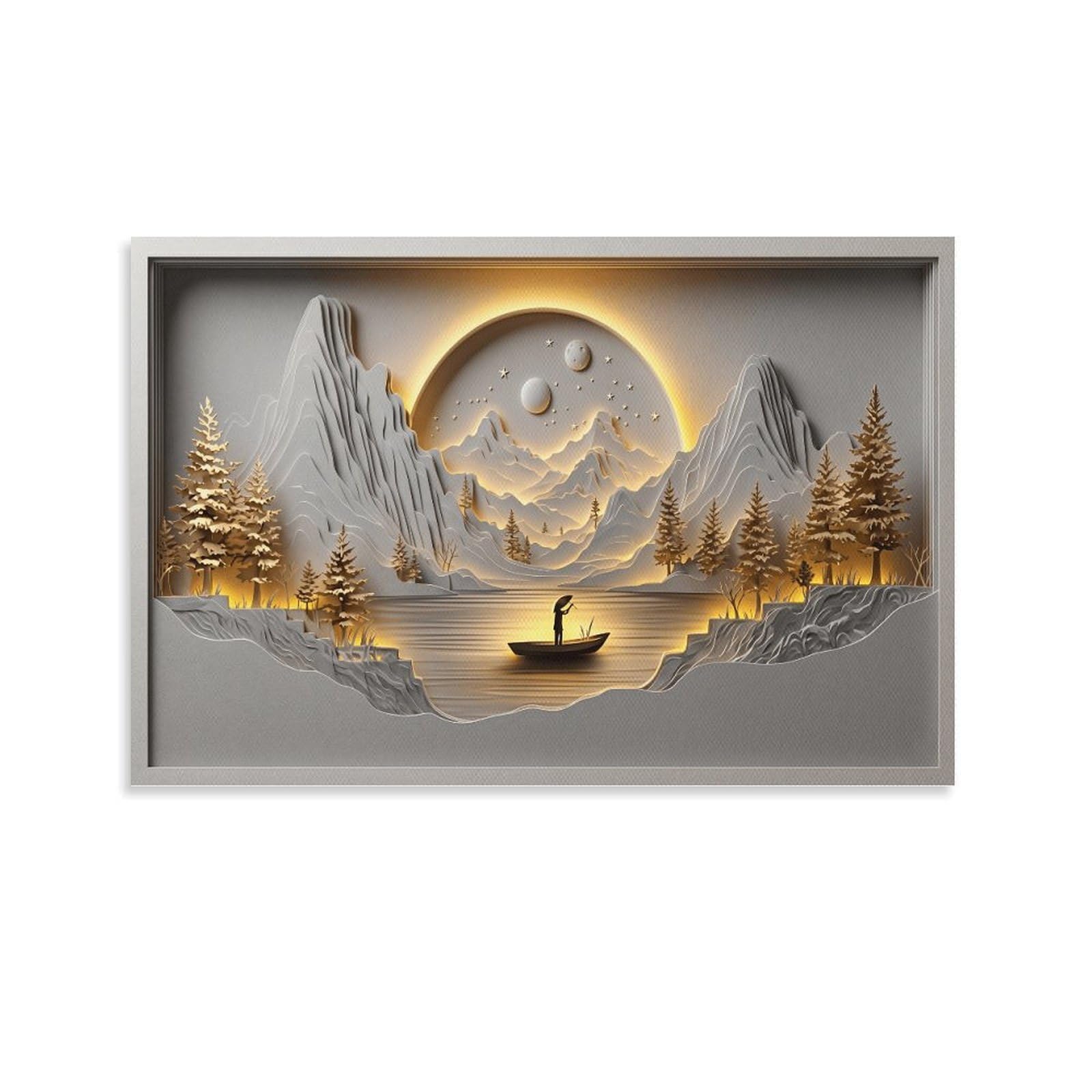 XPASHIQWC Warm Light Paper-Cut Night Fishing Landscape Poster Artwork Canvas Prints Picture Modern Wall Art Picture Wall Hanging for Living Room Home Decorations 24x36inch(60x90cm)