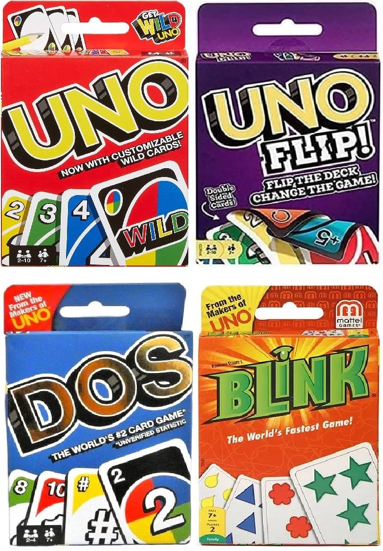 Mattel Uno, Flip, Dos and Blink Card Game, Combo Pack of 4