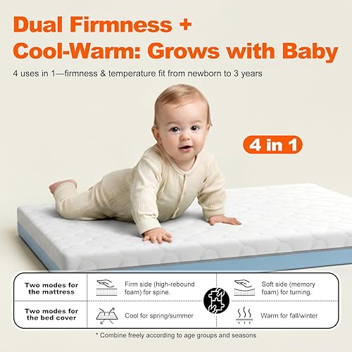 Miniatura 6 de Colchón portátil para cuna de doble cara de 3 pulgadas, colchón para empacar y jugar, se adapta a todas las cunas mini y portátiles, colchones de