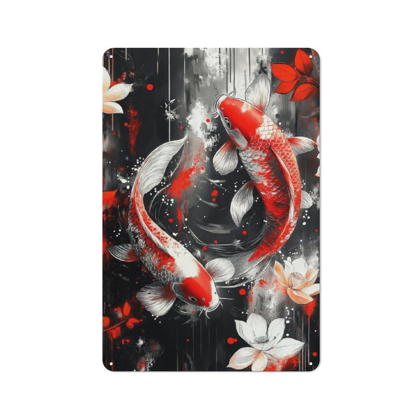 Junmoney Koi Fish Watercolor Balance Metal Sign 30X20cm With For Pub Or Café, Retro Decor, Suited To Café Interior Fans