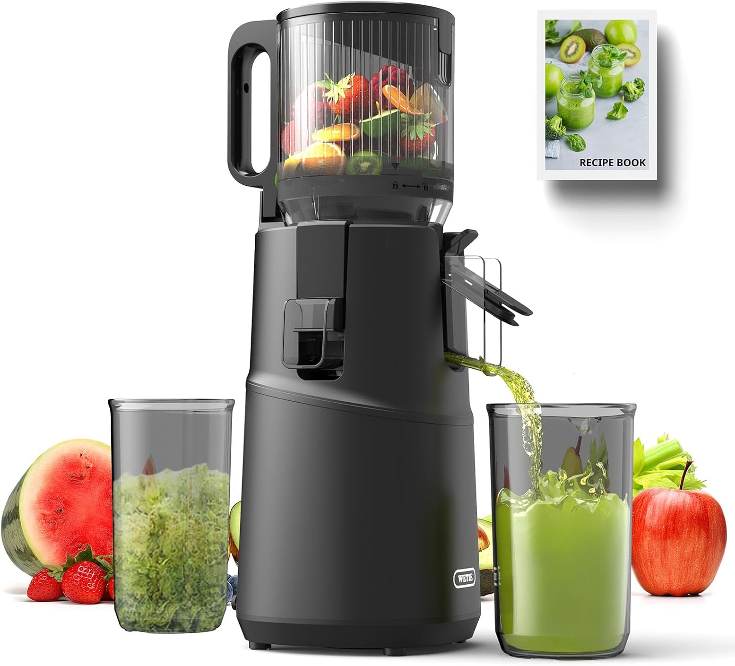 Cold Press Juicer, WETIE 4.7" Juicer Machines with Large Feed Chute for Whole Fruits & Vegetables, Slow Masticating Juicer with Large Auger, High Juice Yield, Easy to Clean & Assembly