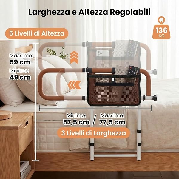 COSTWAY Sponda Letto Anziani Regolabile e Pieghevole, Altezza/Larghezza Aggiustabile, Tasca Rimovibile, Maniglie Imbottite e Base a U, Adatto a Letti King/Queen, Supporto fino a 136 kg (Marrone) - 4