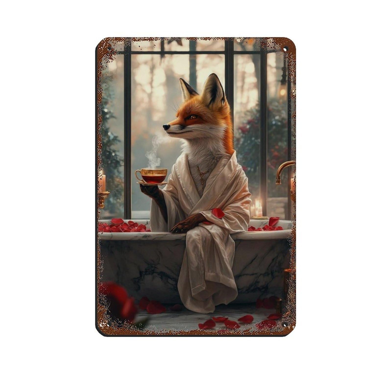 Fox in Robe, Cozy Bathtub Scene Retro Poster Metal Tin Sign Chic Art Retro Iron Painting Bar People Cave Cafe Family Garage Poster Wall Decoration 8x12inch(20x30cm)