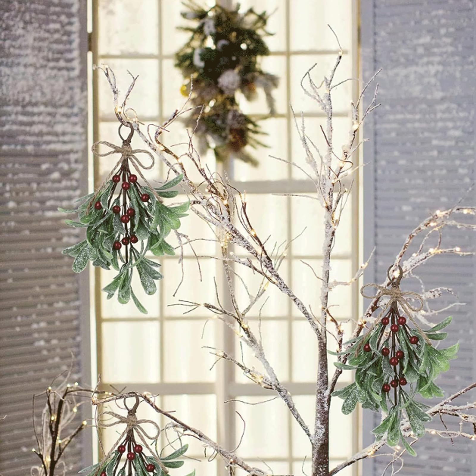 5 Stück Weihnachtskranz, verschneite Mistelzweig-Dekoration, glitzernde Heimdekoration, Festliche künstliche Nachahmung von Pflanzen