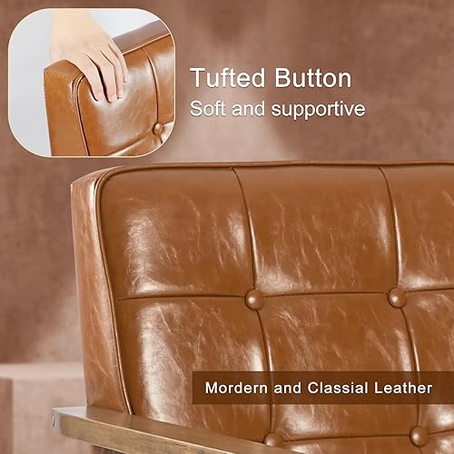 Miniatura 18 de Okeysen Silla decorativa moderna de mediados de siglo, silla auxiliar retro de madera y cuero, cómoda silla de lectura para sala de estar, Negro