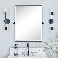 Vista 11 de Espejo rectangular de baño con marco de metal dorado cepillado, espejos de tocador biselados inclinables para pared, total 23.9 x 24 pulgadas