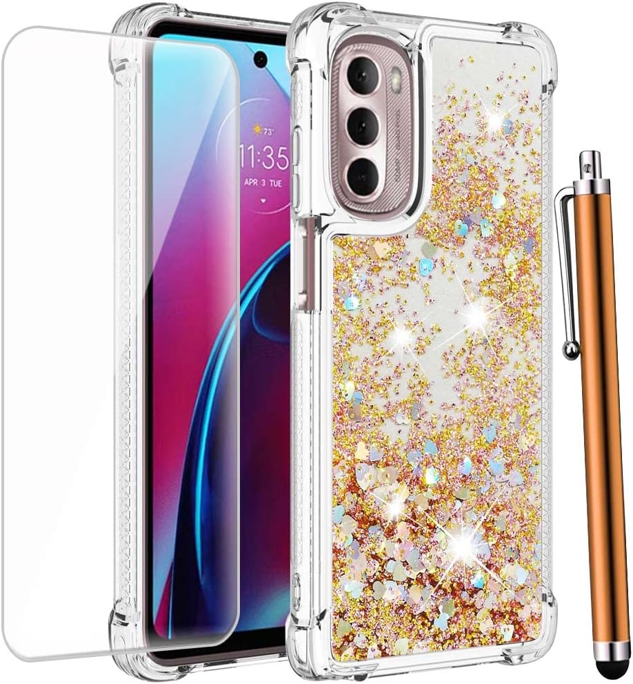 CAIYUNL for Moto G Stylus 5G 2022 Case with Tempered Glass Screen Protector,Glitter Bling Floating Liquid Sparkle Women Girls Cute Soft TPU Shockproof Phone Cover for Motorola G Stylus 5G 2022 -Gold