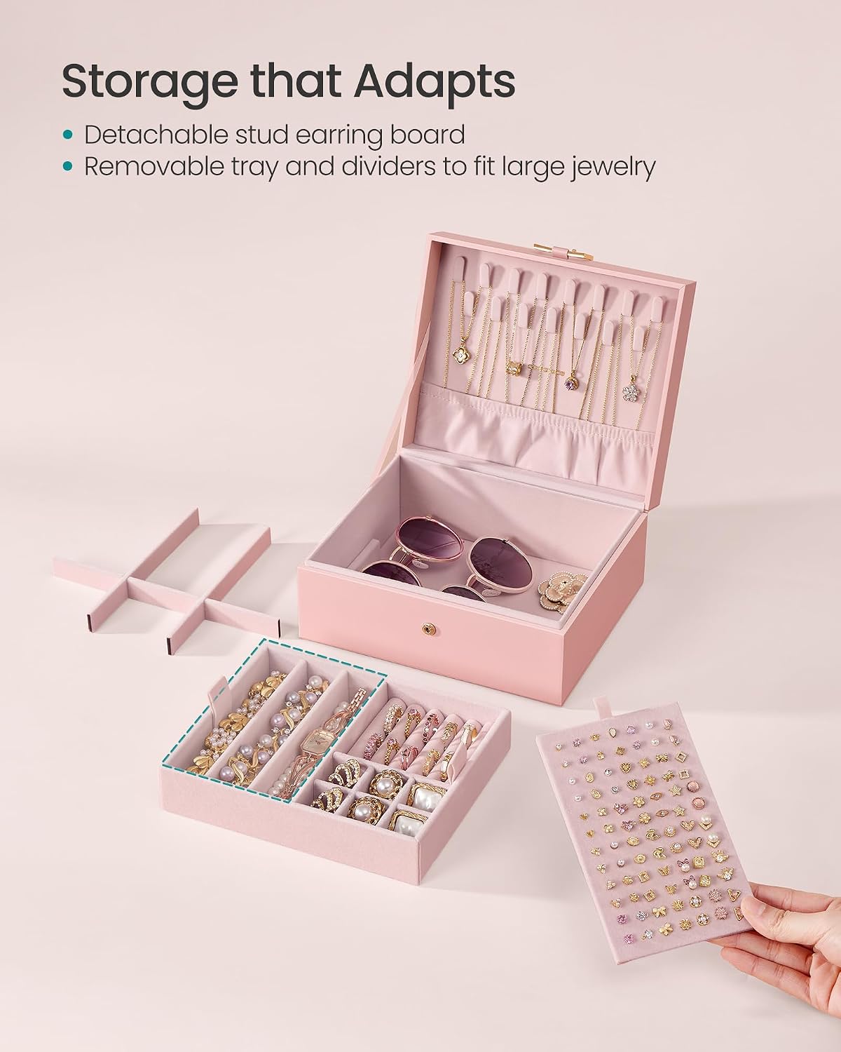 SONGMICS 2-Layer Jewelry Box Organizer, Jewelry Storage Case with Removable Tray and Handle, for Necklaces, Earrings, Rings, Bracelets, 6.7 x 8.1 x 3.7 Inches, Gift Idea, Jelly Pink UJBC208SA01S