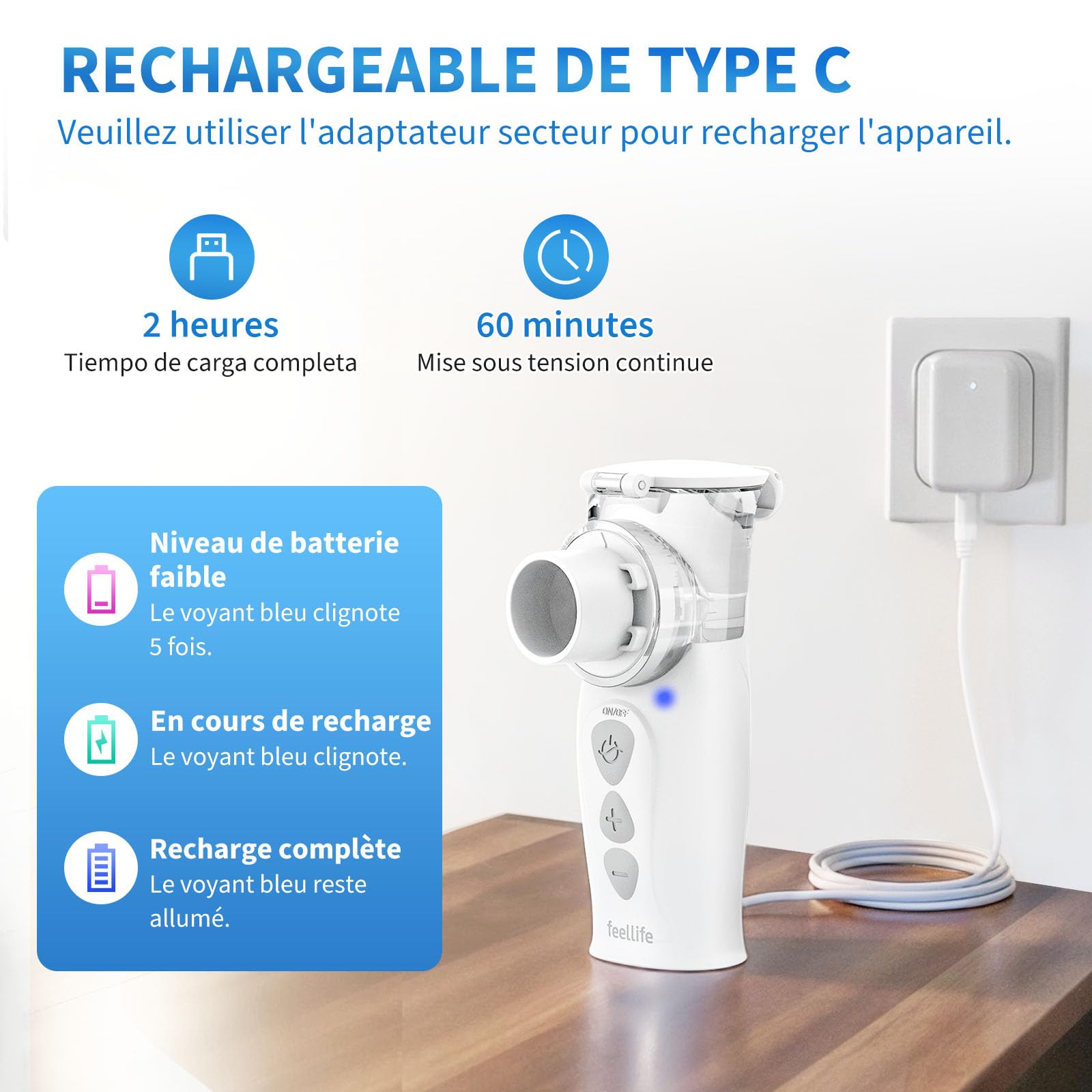 FEELLIFE Inhalateur pour Enfant et Adulte, Rechargeable Nebulisateur Silencieux Taux d'Atomisation Réglable, Inhalateur Portable pour Traitement de la toux, de l'Asthme et Maladies Respiratoires