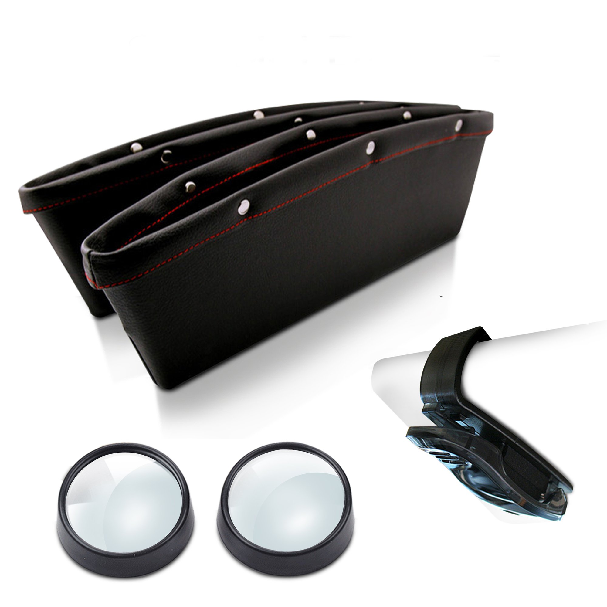 Car Seat Pocket Organizer-Gap Console Side Filler-Bundle With Sunglass Visor Clip & Blind Spot Mirror for Rear View- Black PU Leather Storage Catcher-Stop Wallet Phone Coins Drop Between Interior