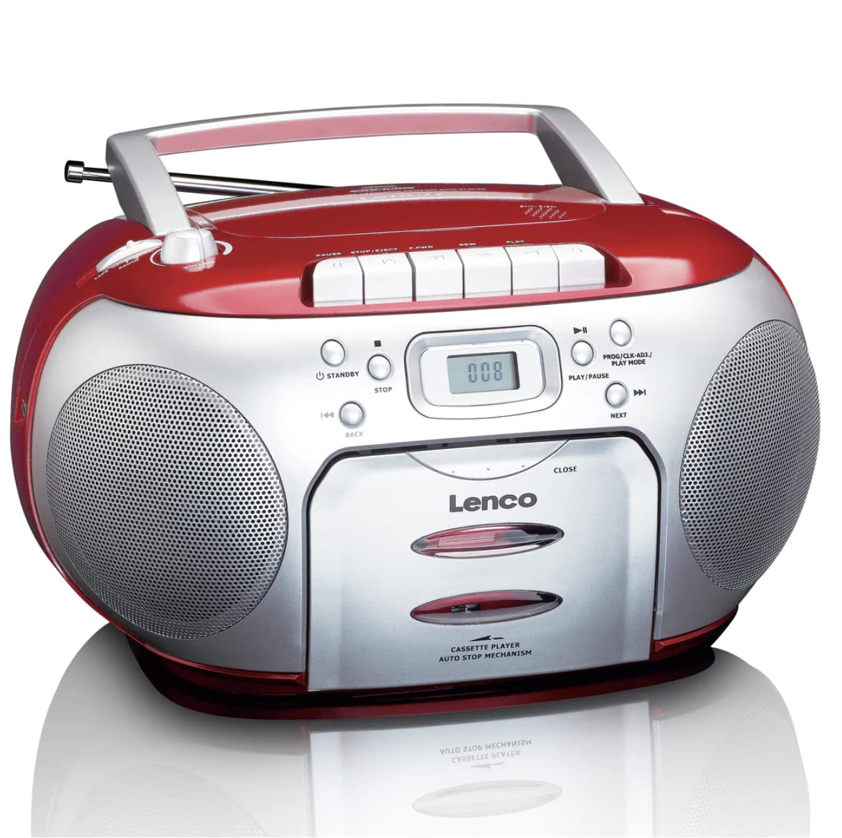 Lenco SCD-420RD Tragbares UKW-Radio mit Toplader CD-Spieler und Kassettendeck, LCD Display, Wiederholungsfunktion, Auto-Stopp, Kopfhöreranschluss