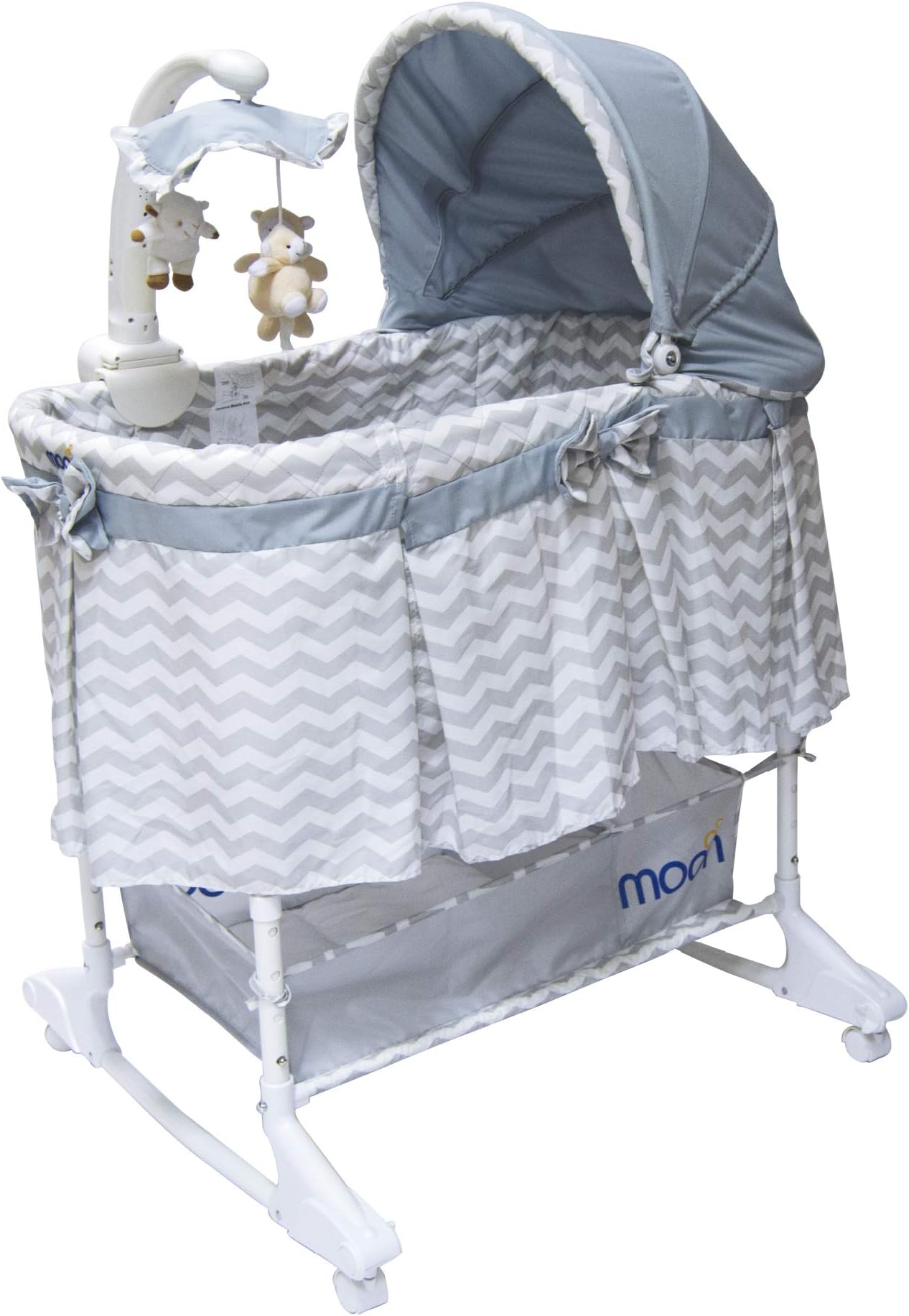 The Moon Brand Soffy 4 in 1 cnvertible cradle co Sleeper for New Born baby, Rocking bassinet with Rotating Musical Mobile with Toys- 4 Heights adjustable position,multi position canopy- Light Grey