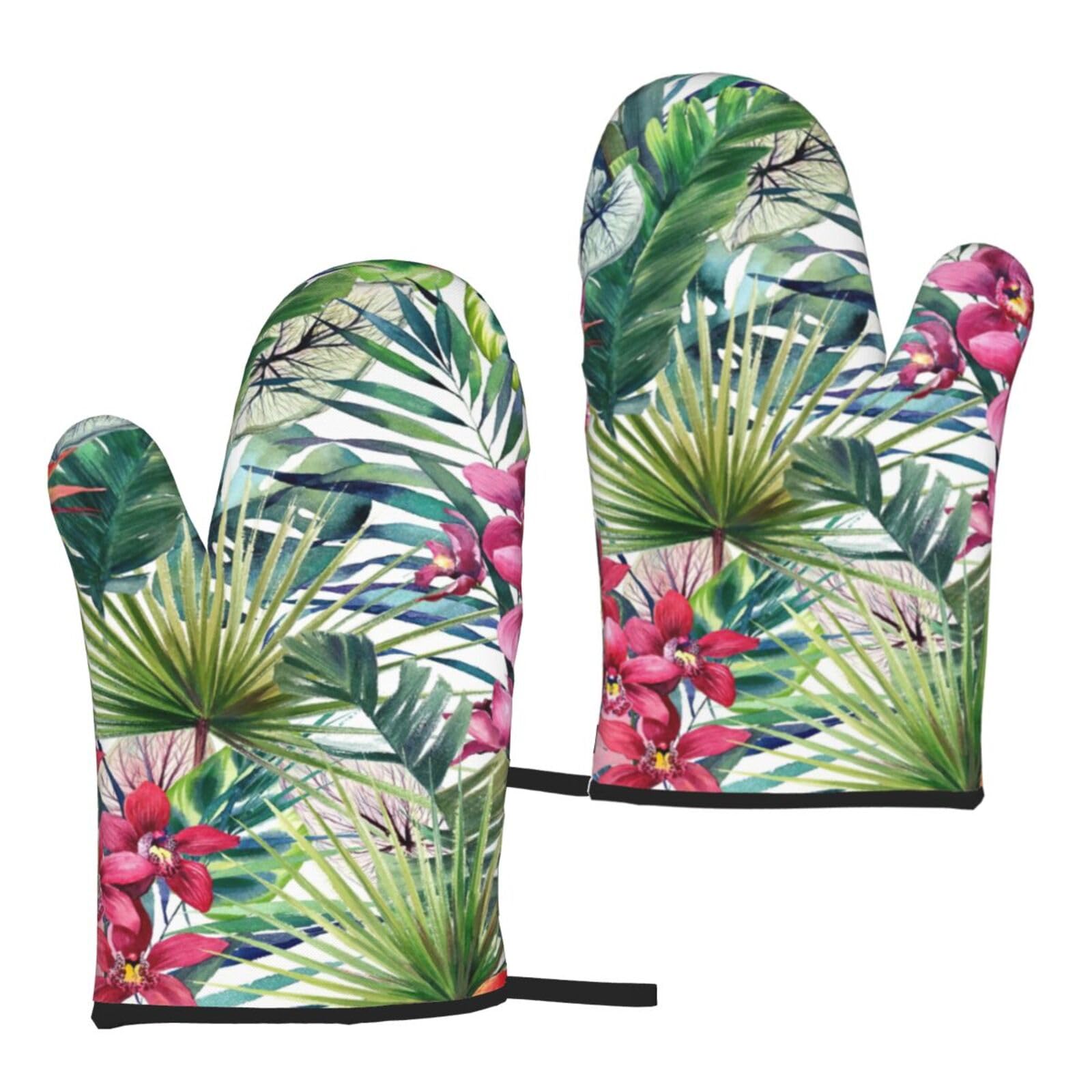 Nimongt Women's Black Tropical Plants Print Adults Universal Fit Heat Resistant Oven Gloves Reusable Cooking Outdoor Grilling