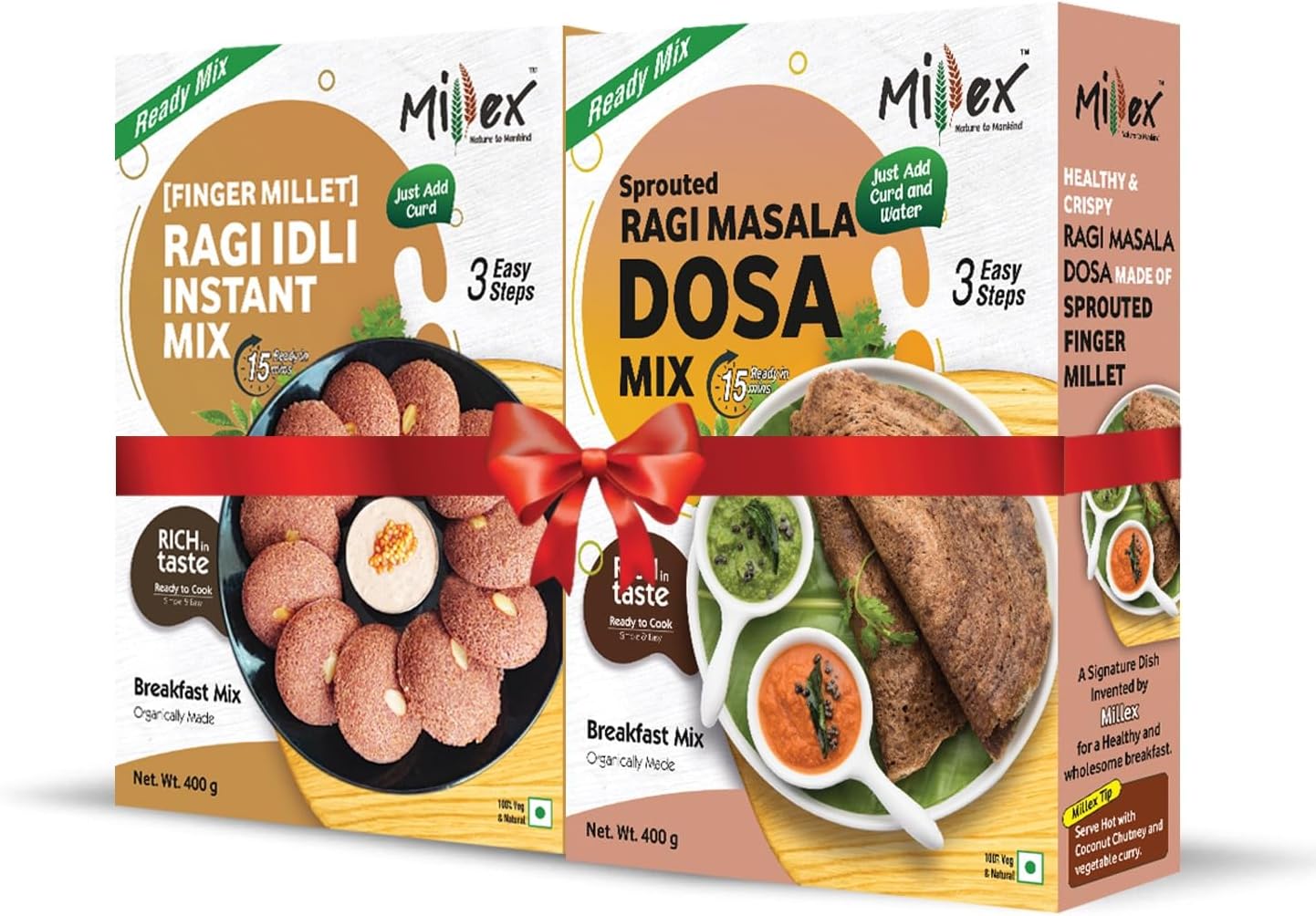 Sprouted Ragi Masala Dosa Ready Mix & Ragi Idli Instant Mix Combo (each 400G) Healthy & Instant Breakfast|Organic & Natural|High Fibre & Protein|Easy & Ready to cook|Rich In Iron