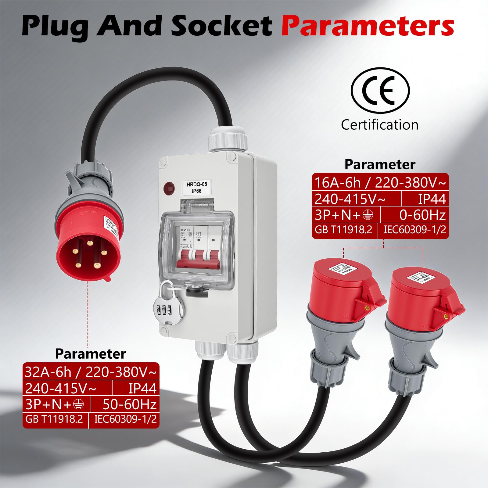 Adaptateur d'Alimentation CEE 32A à 16A X2 avec Disjoncteur, Cuivre pur 5 Broches 400V 1,5M Couplage IP44 Distributeur d'Alimentation Robuste, pour l'industrie du Camping-car Caravane, aux Ateliers