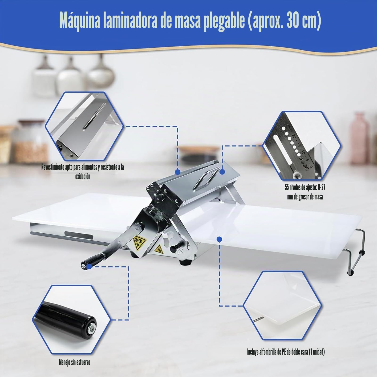 Laminadora de Masa Manual (30cm) – Máquina de Pasta Ajustable 0-25mm – Rodillo de Acero Inoxidable para Estirar Masa, Pizza, Empanadas, Fondant y Repostería – Plegable(S)