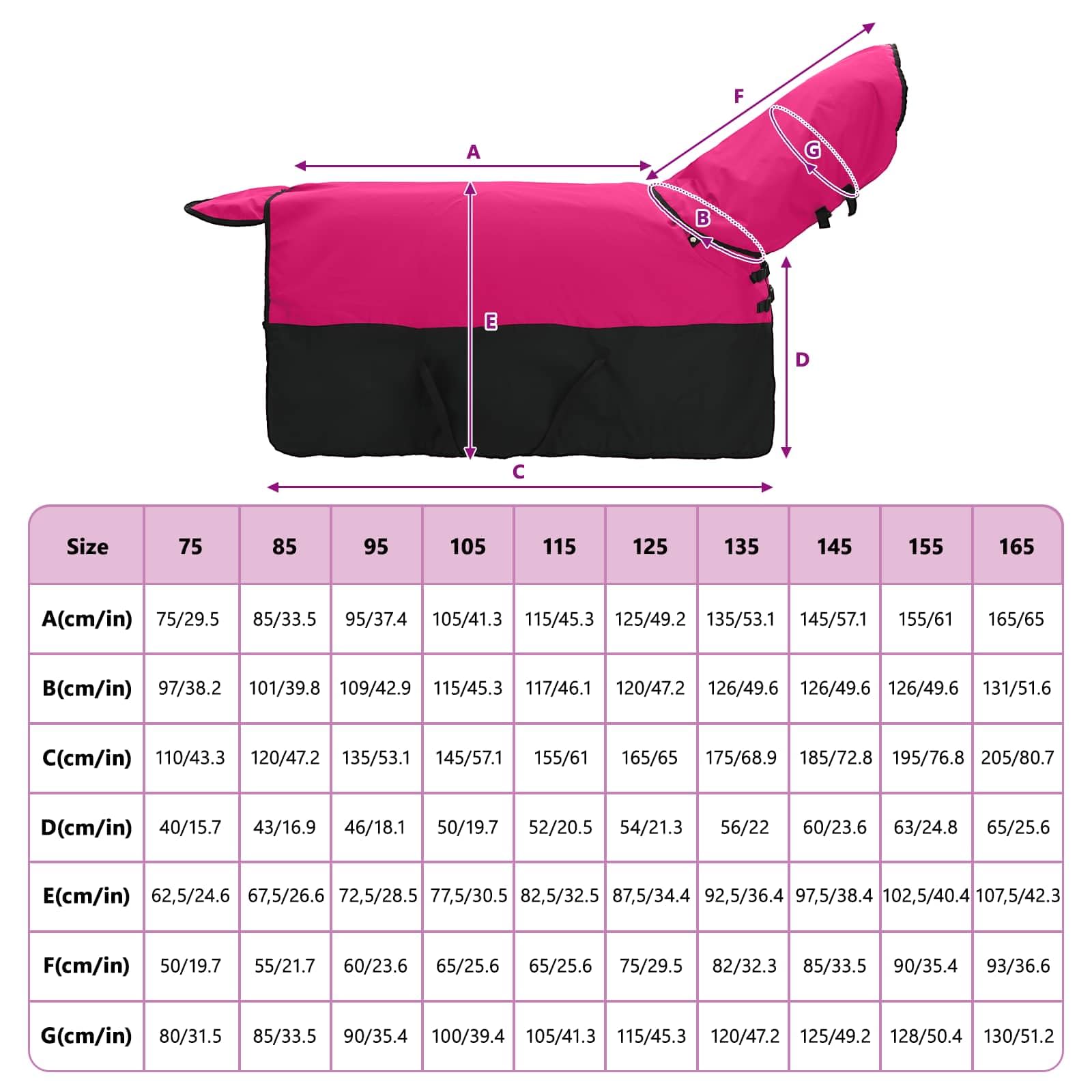Manta para caballo de poliéster rosa y negro, 125 cm, impermeable y resistente al viento, con hebilla ajustable, transpirable para establo, pasto, paseos e invierno