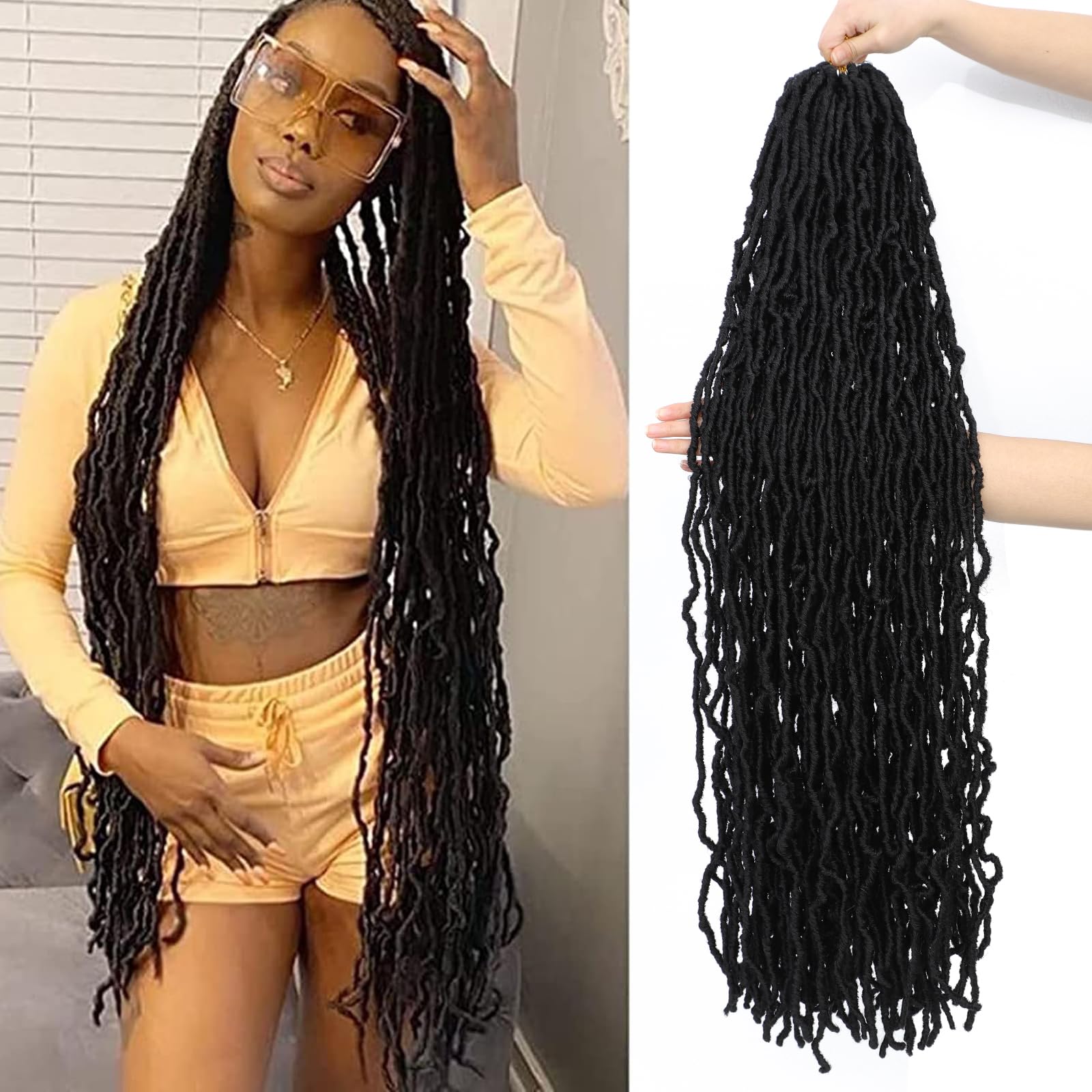 Faux Locs 36 Inch 8 Packs Locs Crochet Hair For Black Women New Soft Locs Curly Wavy Pre-Looped Crochet Hair Crochet Faux Locs Goddess Faux Locs synthetic Hair Extensions (36Inch,1B)