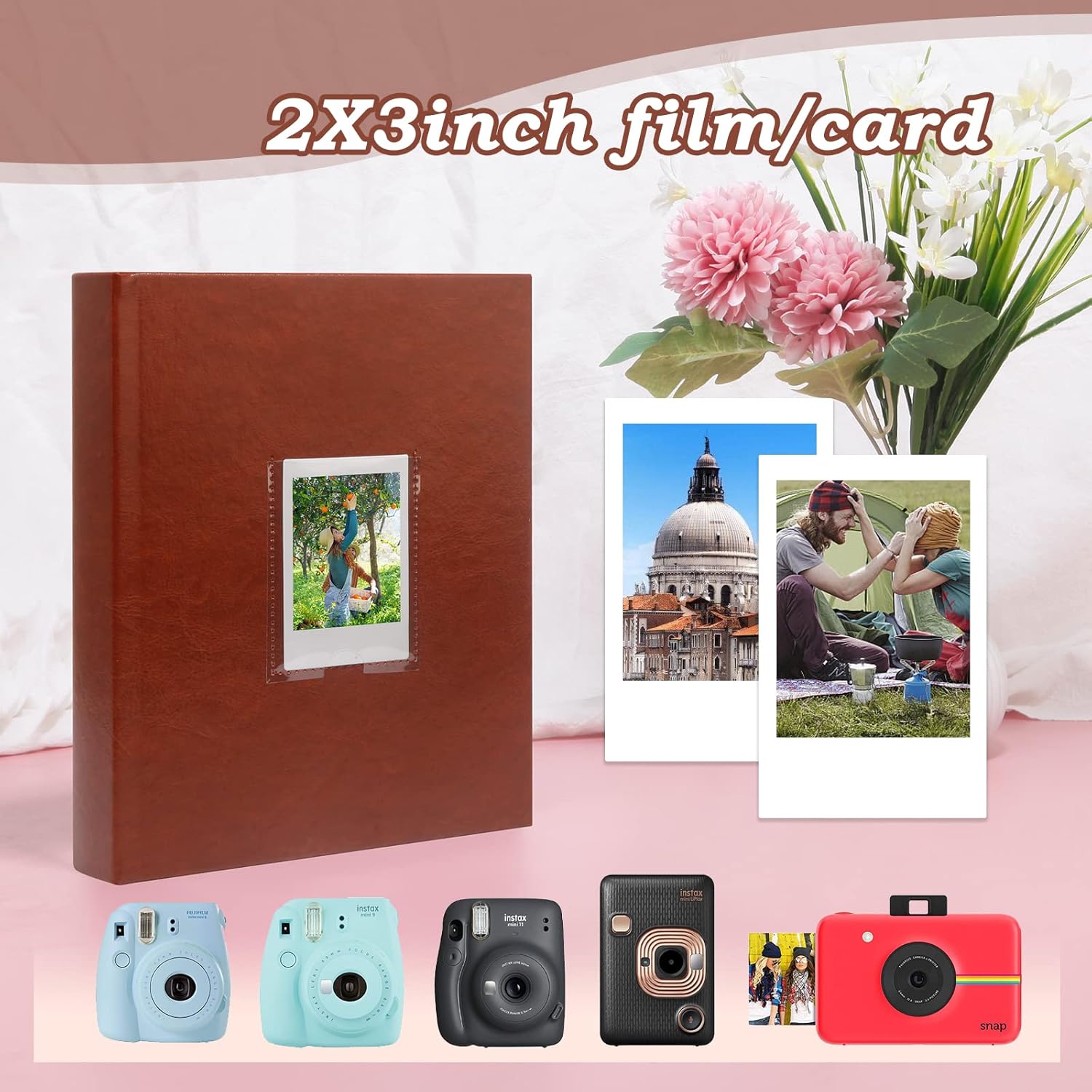2 Packs 128 Pockets Photo Album with Writing Space, Front Window, Polaroid Photo Albums 3 Inch Compatible with Fujifilm Instax Mini 12 11 9 8 7s 99 40(White+Brown)