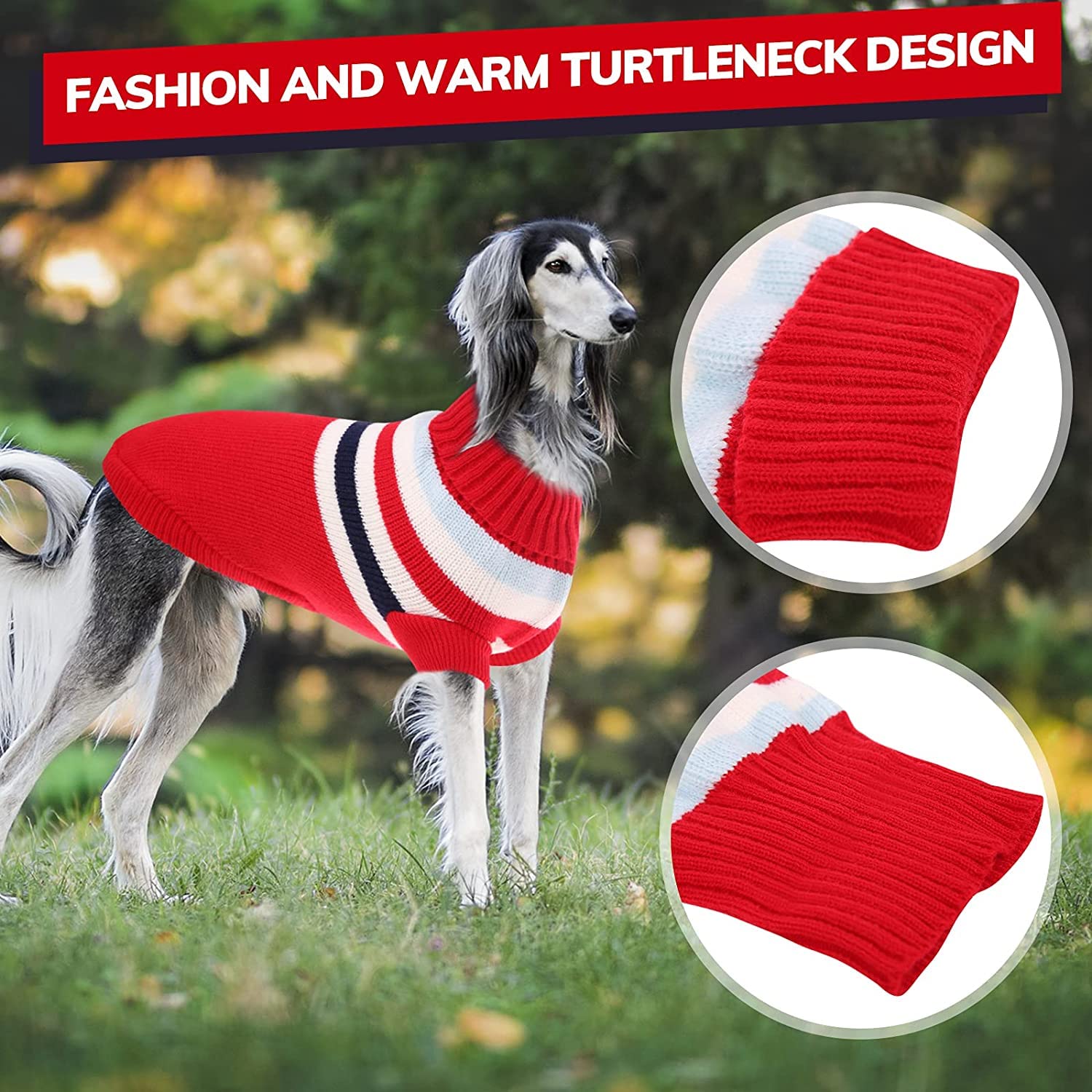 KUTKUT Dog Sweater | Warm Strip Dog Winter Knitwear Clothes with Elastic Leg Bands | Soft Acrylic Knitted Pet Pullover for Small Medium Large Doggy (Red, Size: L) 2