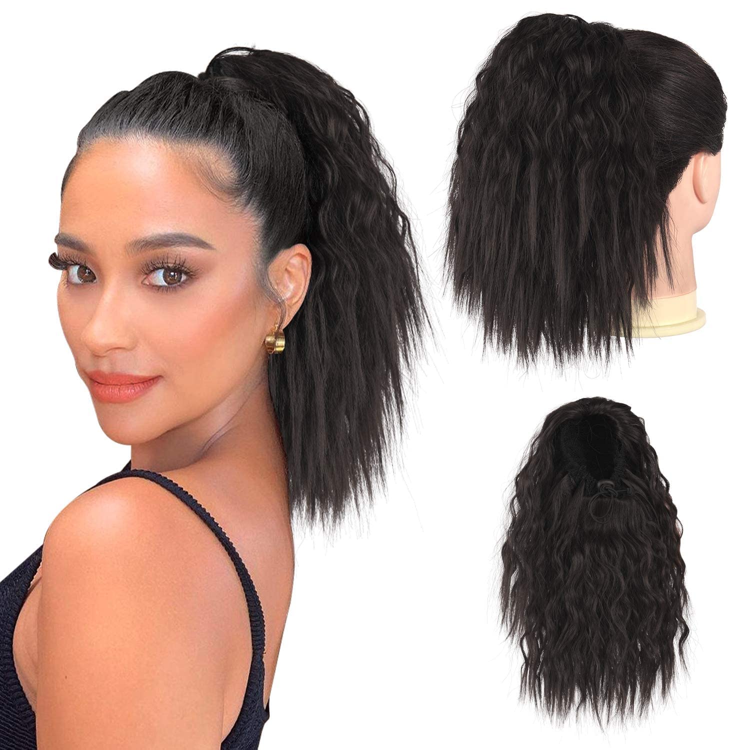PEACOCOShort Corn Wave Ponytail, Drawstring Ponytail Extension for Black Women Clip in Ponytail Hairpieces (10 Inch (Pack of 1), 4#)