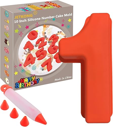 JETKONG Molde de silicona de 10 pulgadas para pasteles con bolígrafo decorativo (número 1, rojo)