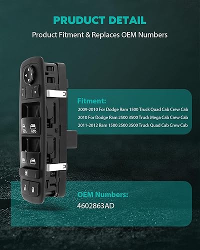 Miniatura 2 de SCITOO Power Master - Interruptor de ventana delantero izquierdo del lado del conductor 2009-2010 para Dodge Ram 1500 Truck Quad Cab/Truck Crew Cab,