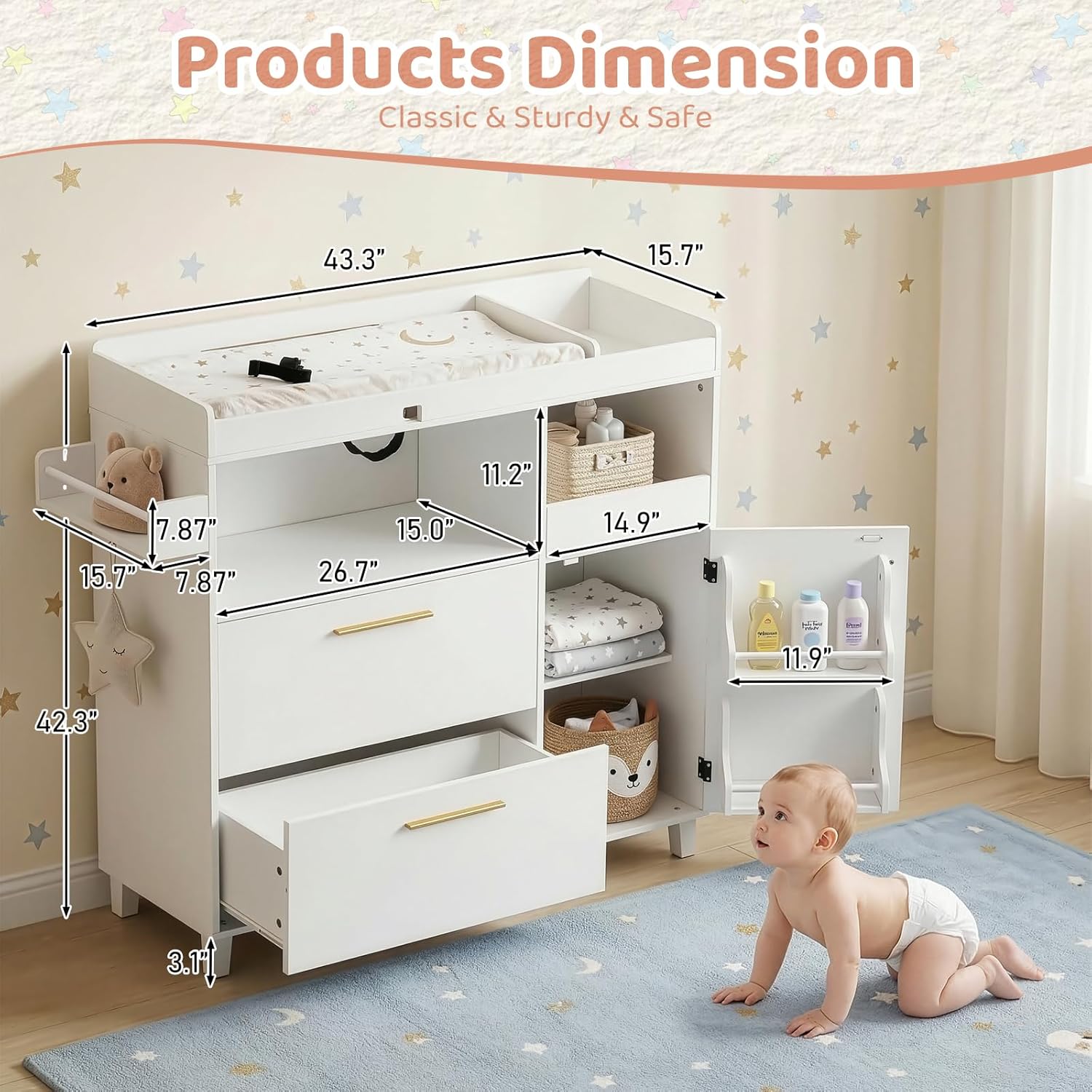Karl home Nursery Dresser with Changing Table, Baby Diaper Changing Station Infant Nursing Table with 2 Drawers & Side Shelves, Dismountable Safety Rail & Strap for Bedroom, Nursery, White