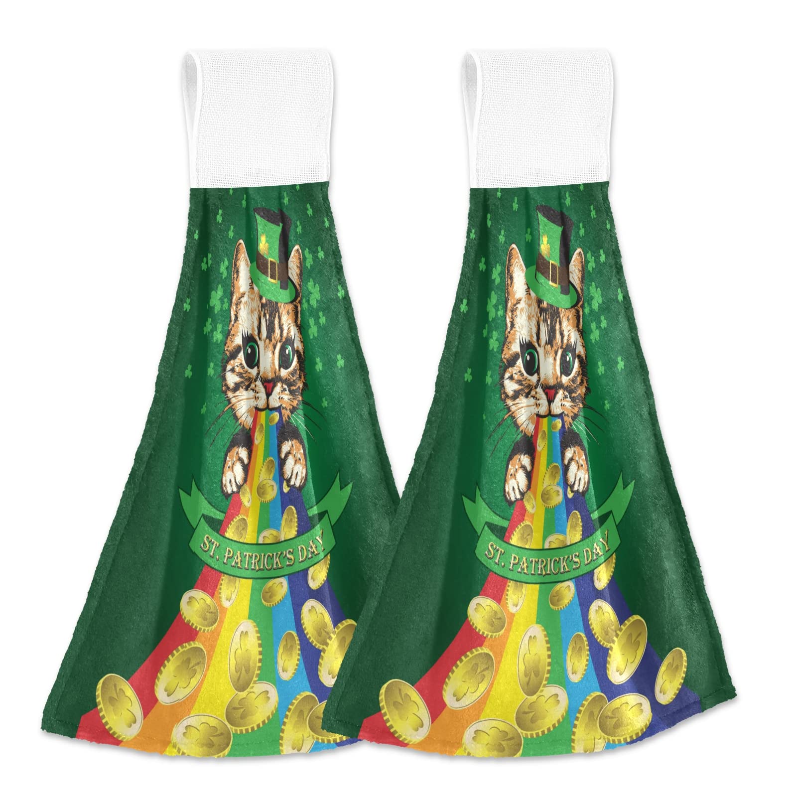 Photo 1 of 2 pcs Hand Towel Funny Kitten W/ Leprechaun Hat Hanging Kitchen Dish Towel Soft Coral Velvet St Patrick's Day Rainbow Coin Hanging Hand Tie Towels For Bathroom Fingertips Towels Home Decorative Super