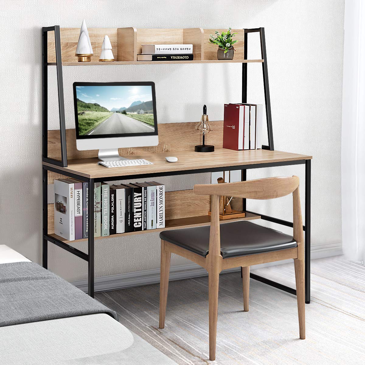 COSTWAY Escritorio para Computadora con Aparador y Estantería, Mesa de Estudio con 3 Cubos de Almacenamiento y Librería Abierta, Mesa Ordenador Que Ahorra Espacio (Natural)