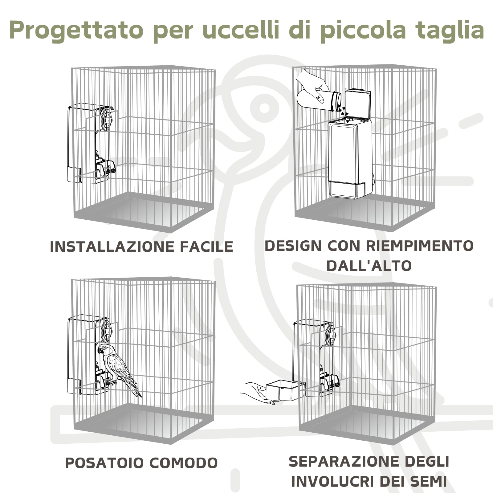 Mangiatoia automatica per uccelli, mangiatoia per gabbia per uccelli con trespolo per parrocchetto canarino calopsitta fringuello (Verde)