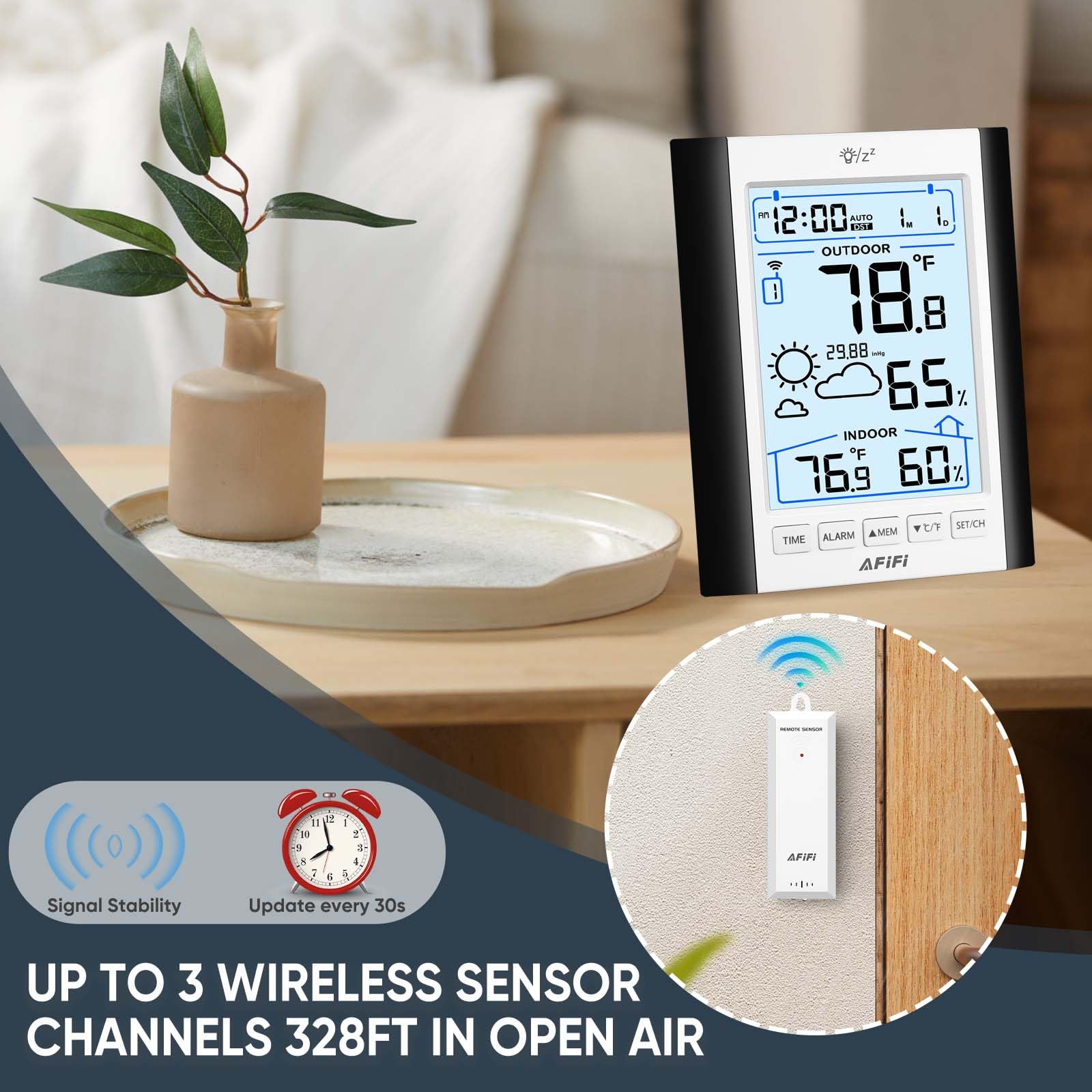 Termometro e igrometro wireless per interni ed esterni, termometri igrometro monitor con sensore remoto da 100,6 m, alimentato a batteria, display retroilluminato, per casa, patio