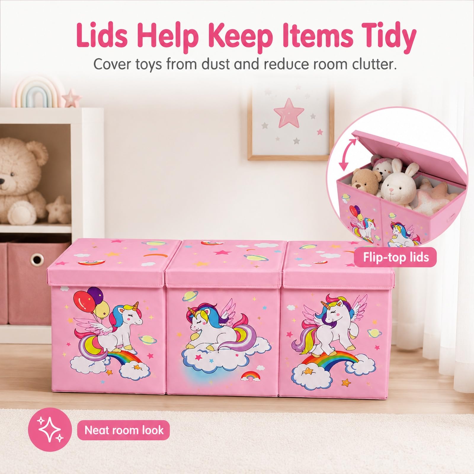 GOOGO Contenitore per giocattoli con coperchio, grande scatola pieghevole per cameretta, box porta giochi per libri, peluche e vestiti, 98 x 34 x 40 cm (rosa)