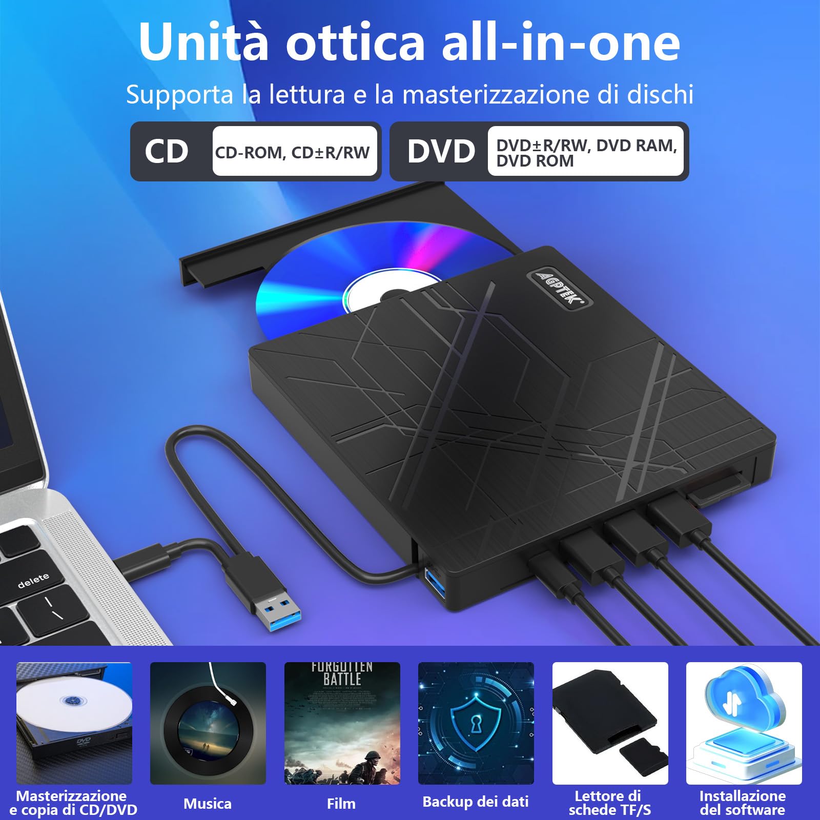 AGPTEK Lettore CD/DVD esterno per laptop, masterizzatore DVD sottile USB 3.0 | Lettore CD/DVD con adattatore Ethernet, slot per schede TF/SD, porte USB, per laptop, PC, MacBook, Windows/Linux/Mac OS