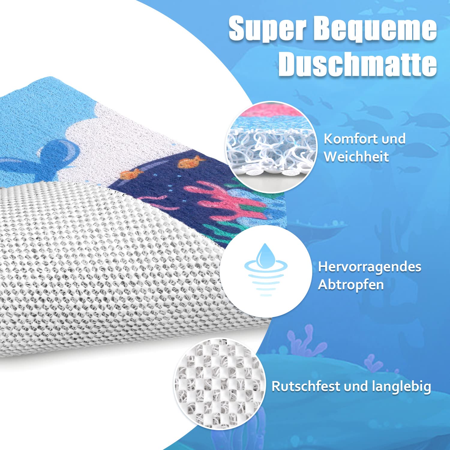 Tappetino da doccia di sicurezza antiscivolo per bambini, 60 x 60 cm, morbido e confortevole, con fori di scarico, in PVC, per ambienti umidi, ad asciugatura rapida
