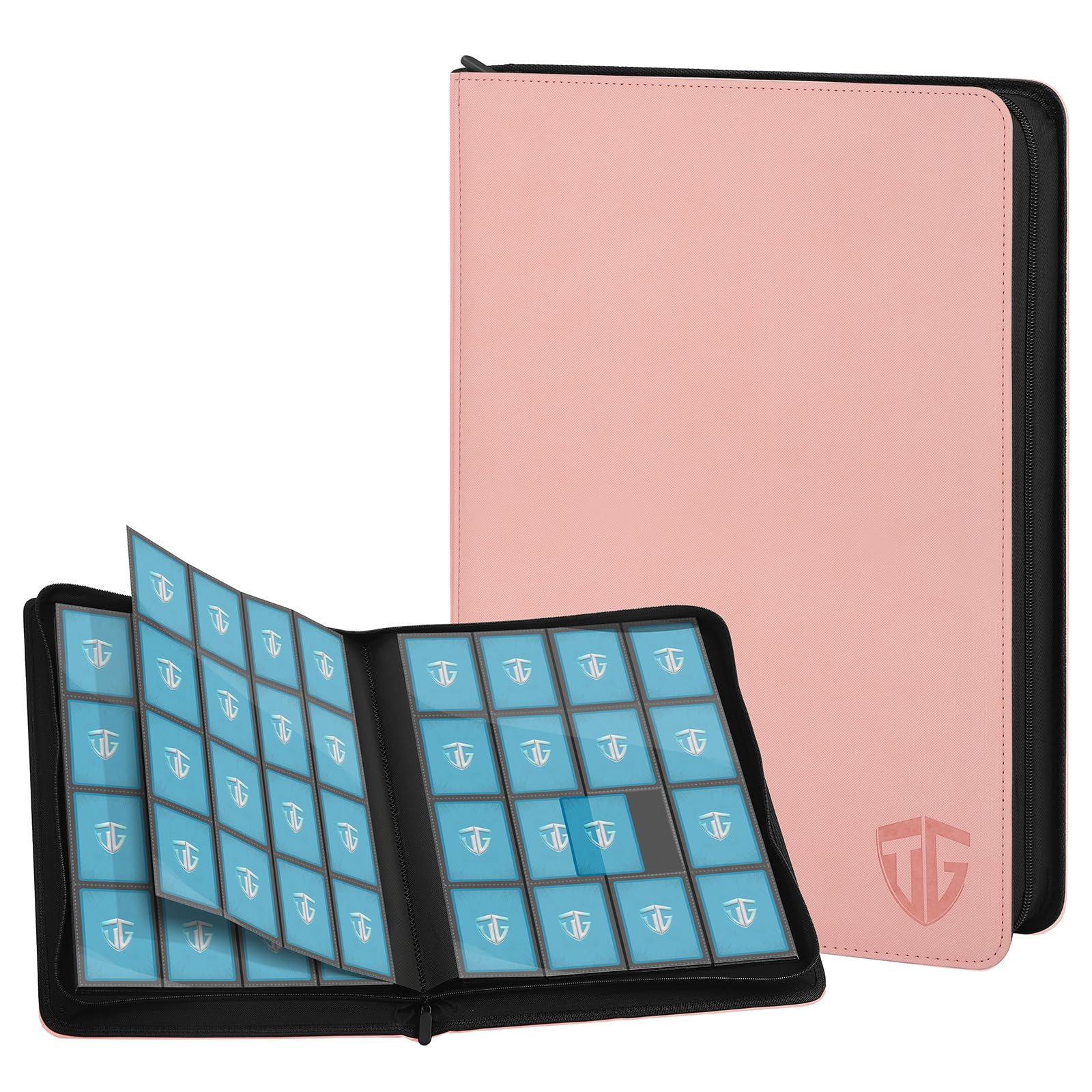 TCGUARD 16 Compartments Trading Card Album Zip Binder for 1000+ Cards Scrapbook Large Folder Secure Side Load Pockets Compatible with YuGiOh, MTG, Sports Cards, Pink
