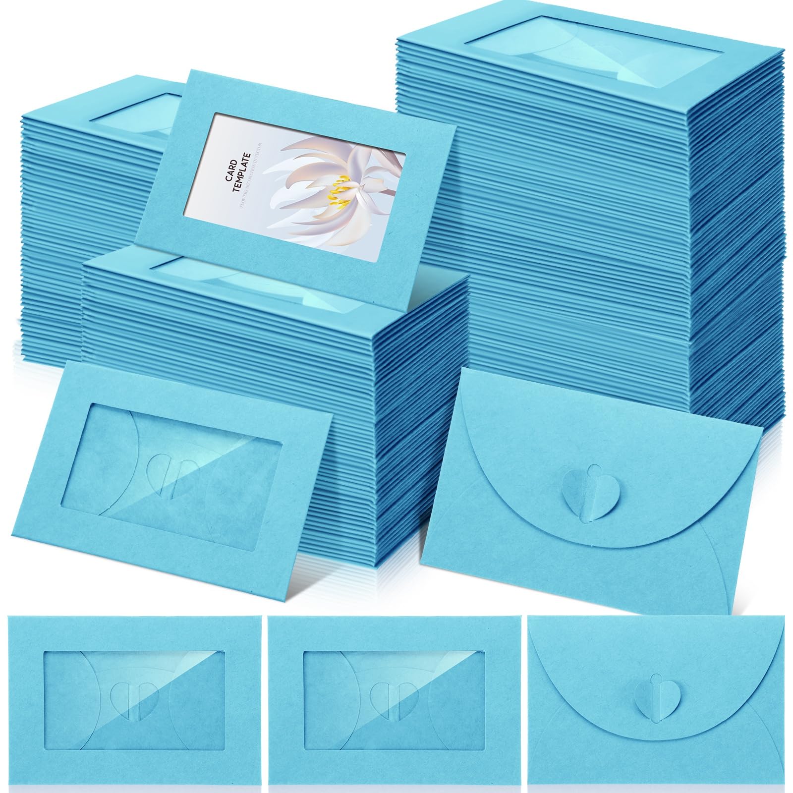 Uiifan 300 Pcs Window Gift Card Envelopes 4 x 2.8 Inch Gift Card Sleeves Mini Envelopes with Heart Shaped Clasp for Business Party Invitation (Lake