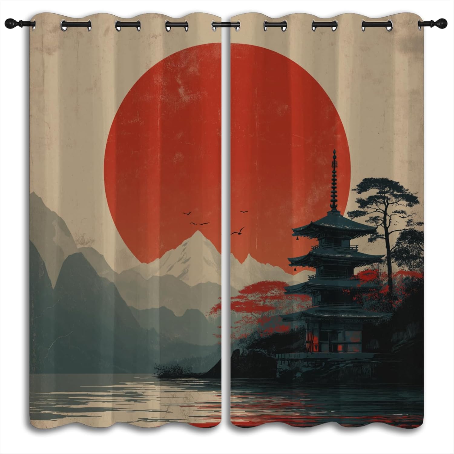 Japanese Blackout Curtains for Boys Girl Bedroom Home Decor, Asian Style Plum Blossom Red Sun Retro Ink Painting Thermal Insulated Grommet Darkening Living Room Window Drapes, 63 x 63 inch