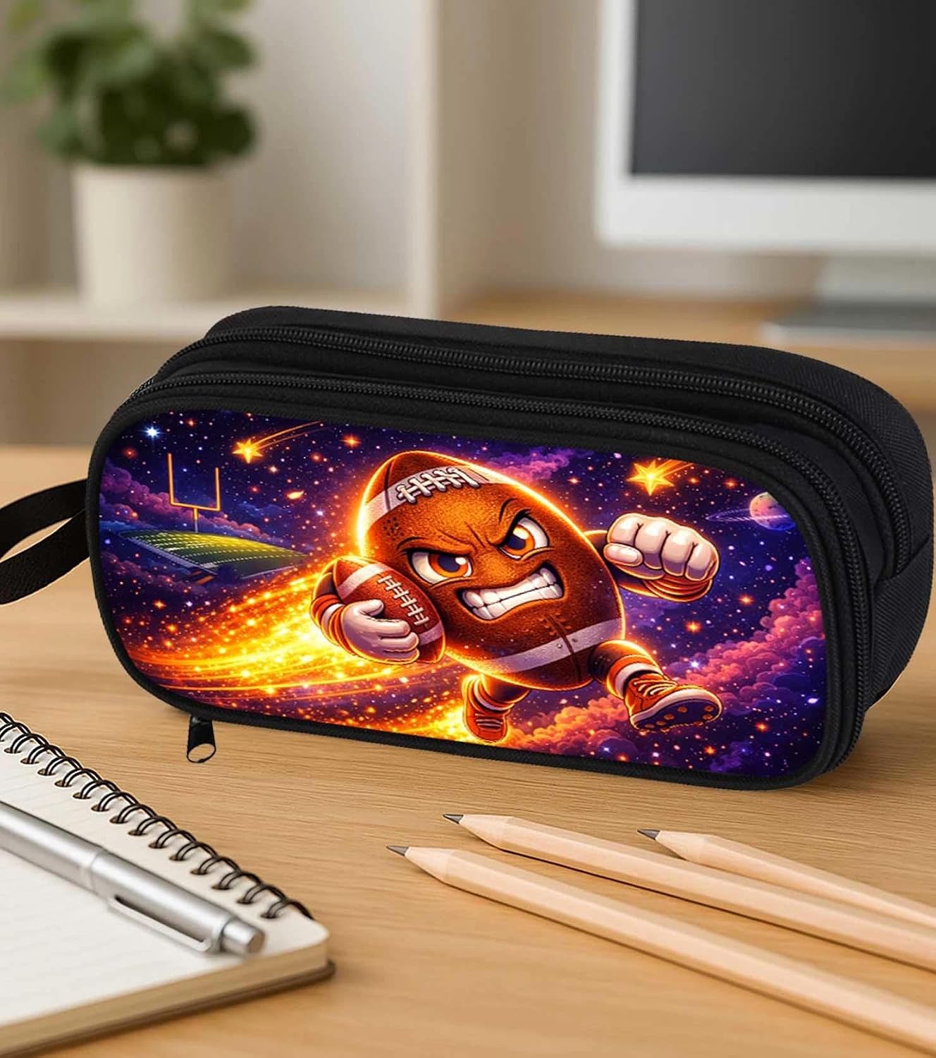 Football Pencil Case for Boys Girls, Kids Pencil Pouch with Compartments Rugby Design, Large Capacity Double Zipper Organizer Box, Pen Bag for Students Children Age 6+ image 4