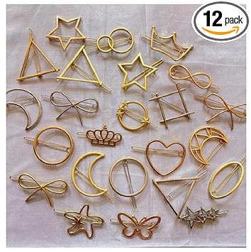 Aliza Metal Gold and sliver geometric Design Barrettes Hair Clips Pins For Girls Women Random Shapes (Pack Of 12 PINS)