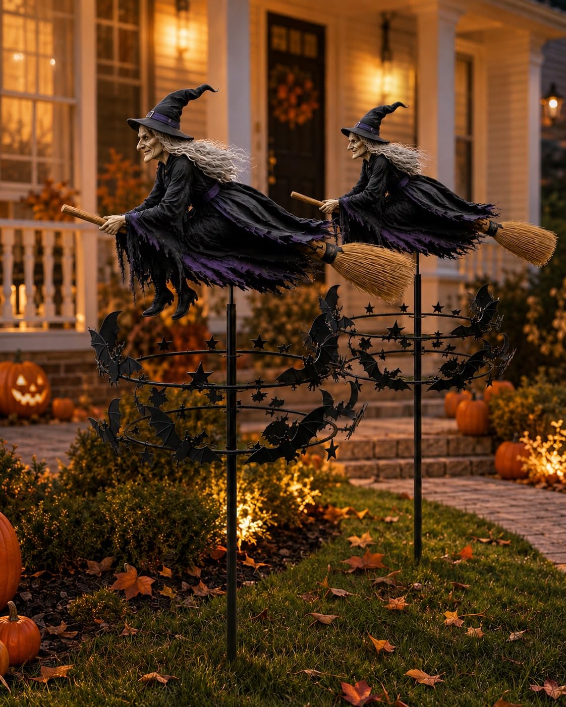 QCHXDJX Enchanted Witch Garden Wind Spinner, Halloween Metal Yard Stake with Flying Witch, Spinning Bat Rings, Kinetic Outdoor Decor for Lawn Patio Porch Garden Fall Display